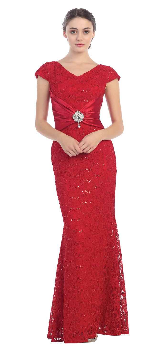 Short Sleeved V Neckline Long Red Lace Column Gown