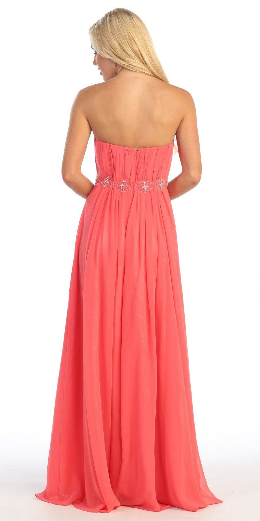 A Line Long Prom Dress Coral Strapless Empire Beaded Waist