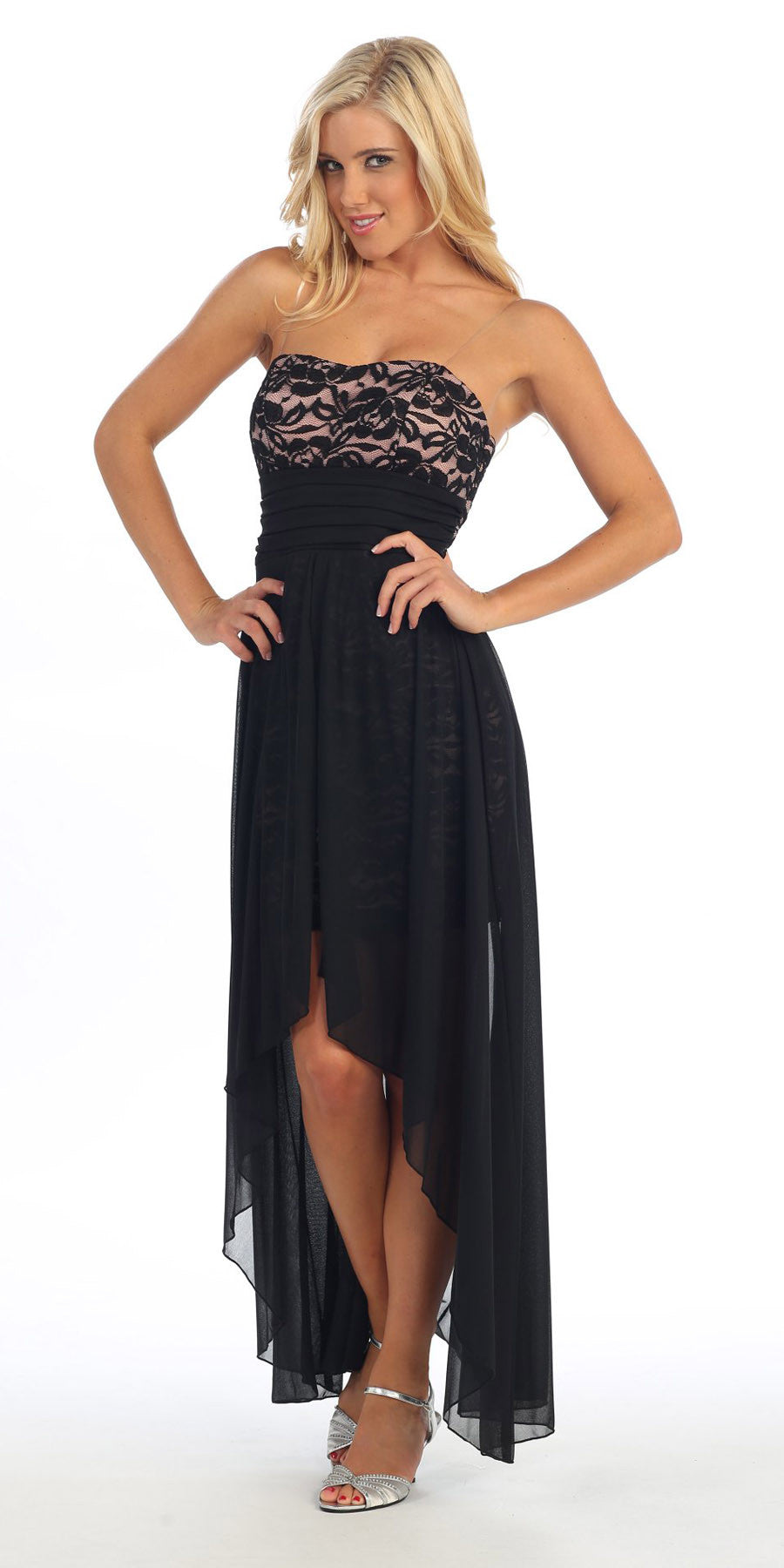 Black/Peach High Low Semi Formal Dress Chiffon/Lace Strapless Neck