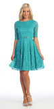 Cute and Casual Emerald Lace Dress Short Removable Belt Mid Sleeves