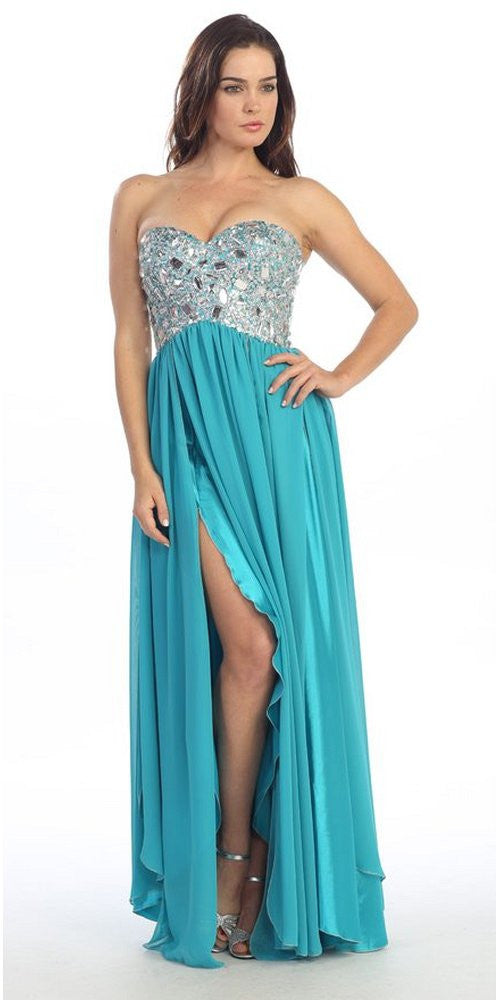 Corset Bodice Strapless Thigh Slit Turquoise Long Prom Gown