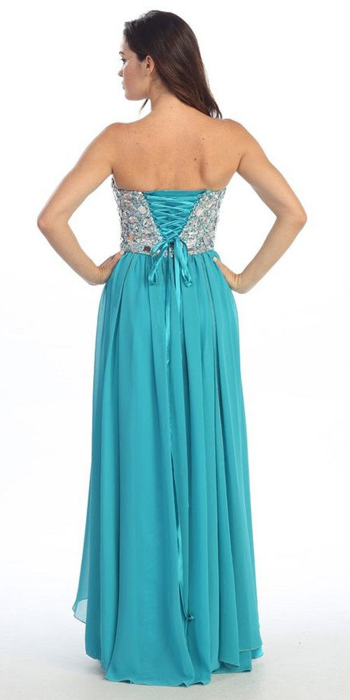 Corset Bodice Strapless Thigh Slit Turquoise Long Prom Gown