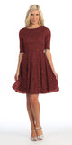 Cute and Casual Burgundy Lace Dress Short Removable Belt Mid Sleeves