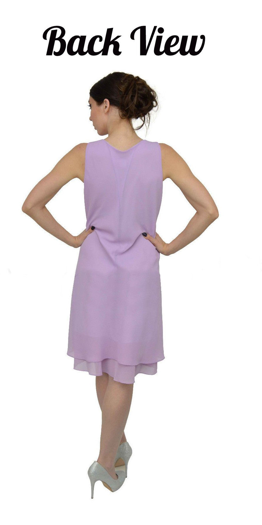Sally Fashion 8694 Flowy Chiffon Lilac Dress Knee Length Long Sleeve Cardigan