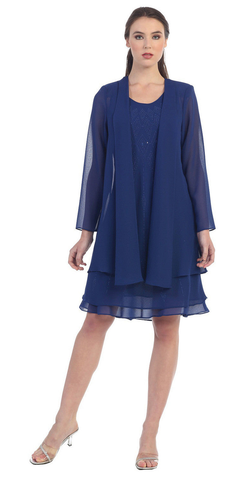 Sally Fashion 8694 Flowy Chiffon Royal Blue Dress Knee Length Long Sleeve Cardigan