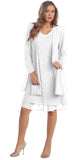 Sally Fashion 8694 Flowy Chiffon White Dress Knee Length Long Sleeve Cardigan