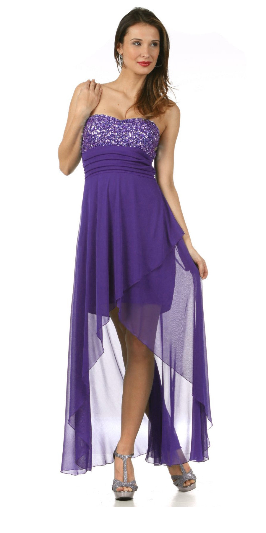 Purple Semi Formal Long Dress Chiffon Sequin/Rhinestone Strapless