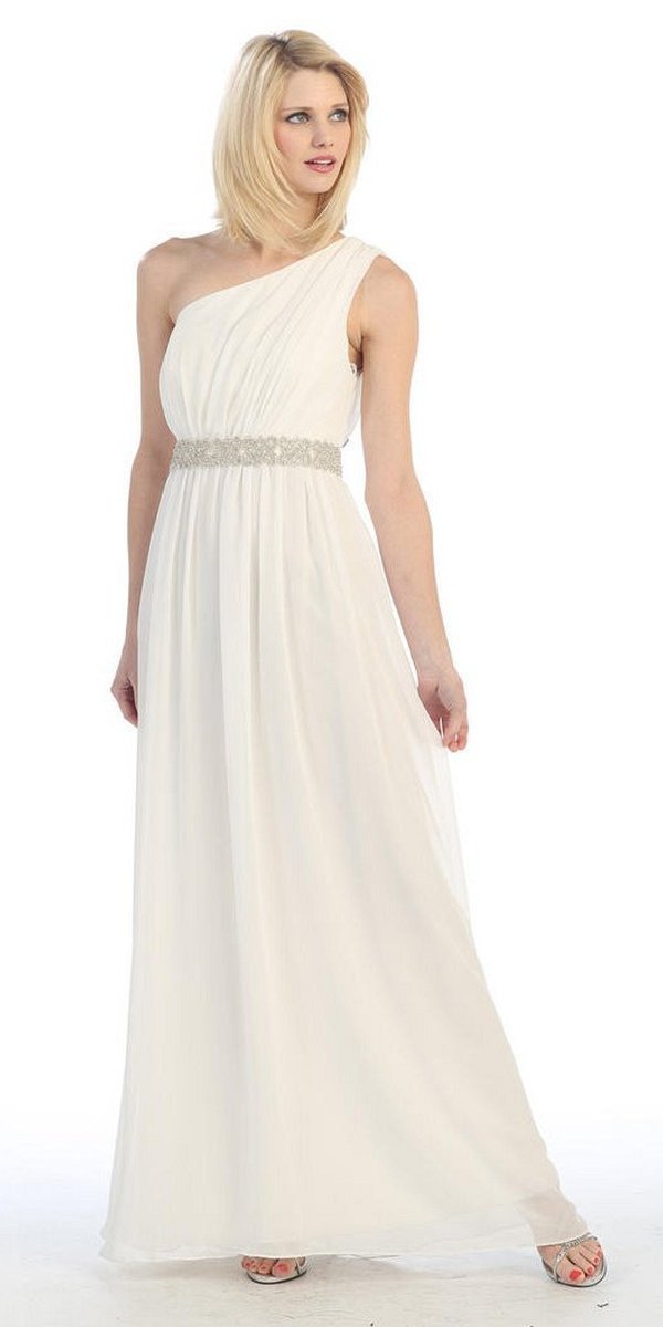Grecian Inspired Off White Chiffon Gown Long One Shoulder
