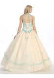 Halter Neck Corset Bodice Ivory/Turquoise Princess Gown Poofy