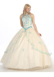 Halter Neck Corset Bodice Ivory/Turquoise Princess Gown Poofy