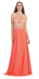 Halter Prom Gown Coral A Line Chiffon Nude Mesh