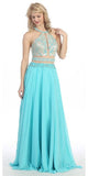 Halter Prom Gown Turquoise A Line Chiffon Nude Mesh