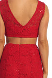 Long 2 Piece Red Lace Dress Sleeveless Form Fitting V Back