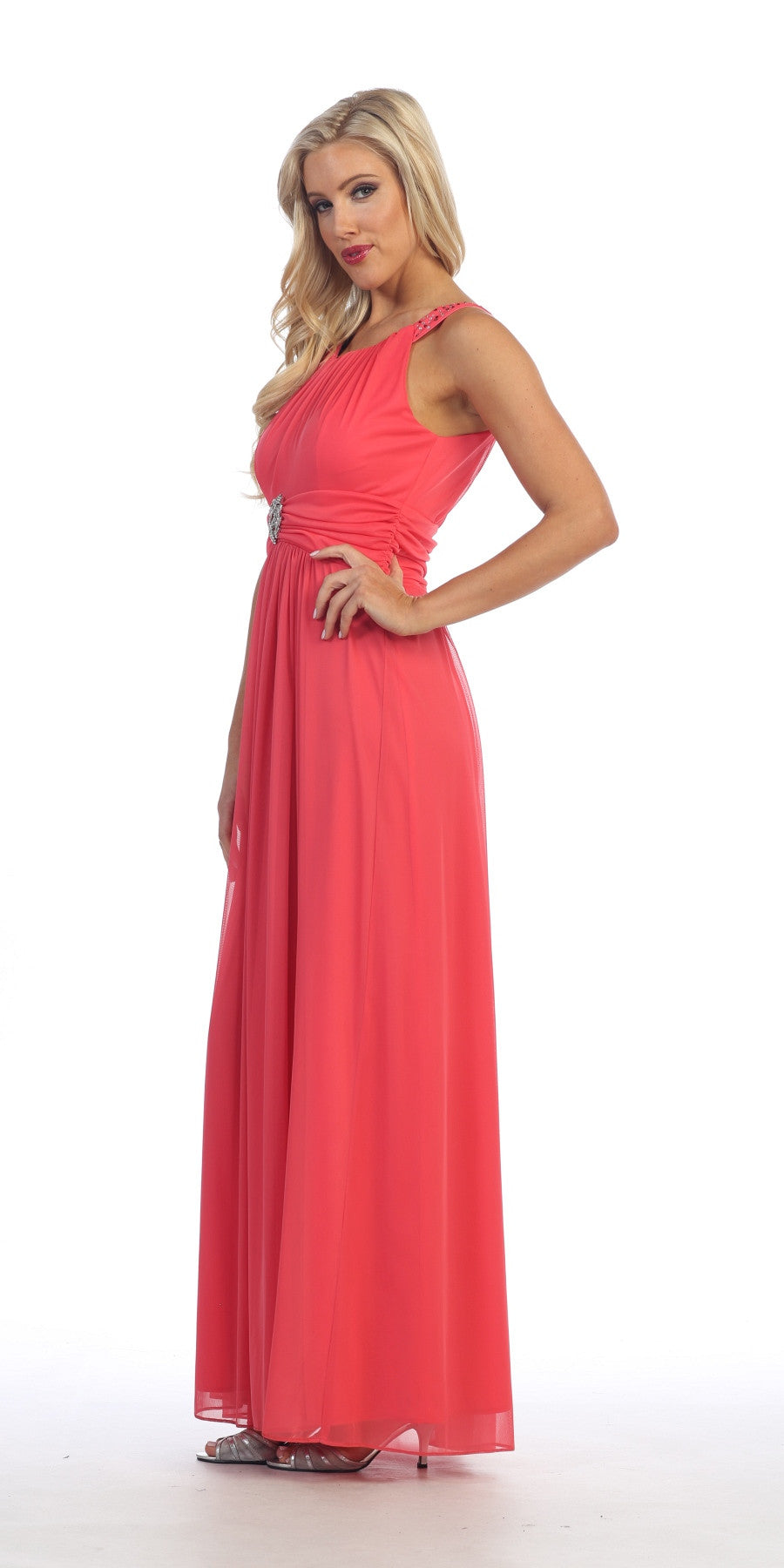 Long Military Ball Dress Coral Wide Stones Straps Empire Waist