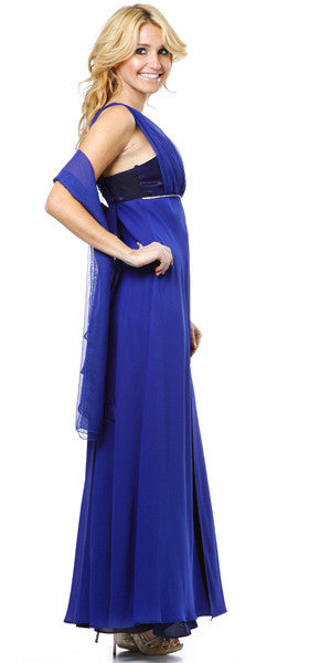 Long Sleeveless Belted Empire Waist Royal Blue Concert Gown Side