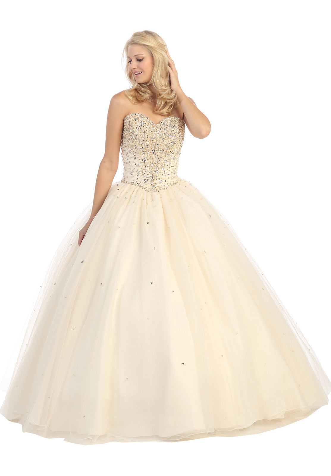 Long Studded Corset Bodice Gold Cotillion Ball Gown