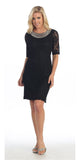 Modest Black Knee Length Semi Formal Dress Short Sleeve Pearl Neck