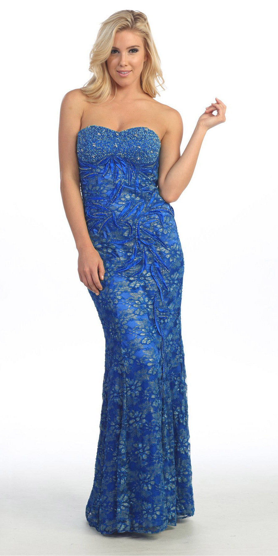 Red Carpet Royal Blue Celebrity Lace Formal Gown Long Strapless Beads