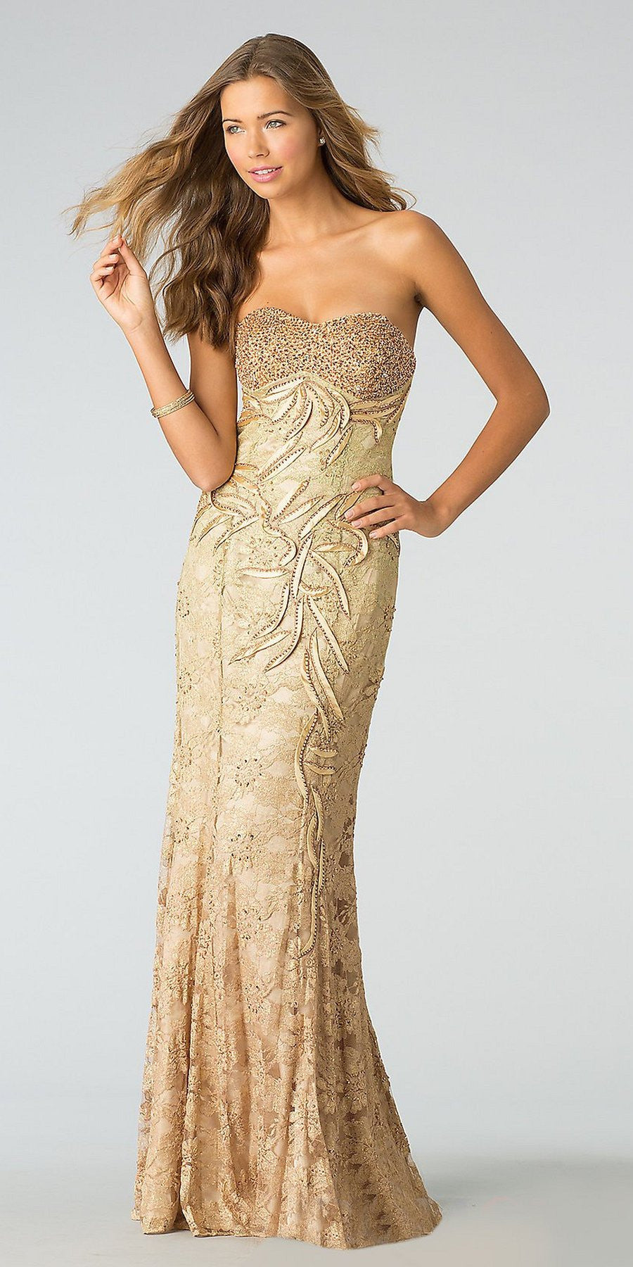 Red Carpet Gold Celebrity Lace Formal Gown Long Strapless Beads