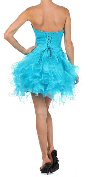 Ruffled Skirt Strapless Turquoise Short Puffy Dress