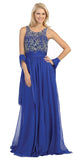 Sheer Yoke Jewel Neckline Long Royal Blue A Line Formal Gown