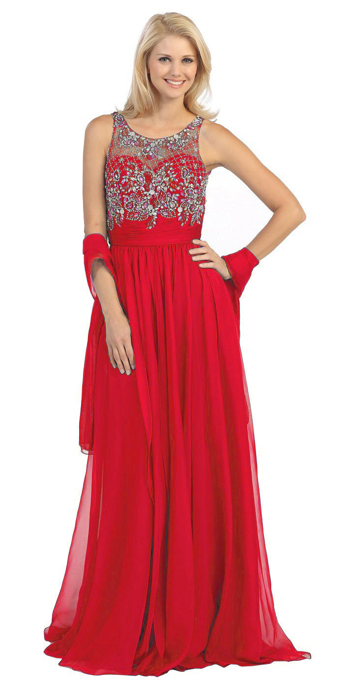 Sheer Yoke Jewel Neckline Long Red A Line Formal Gown