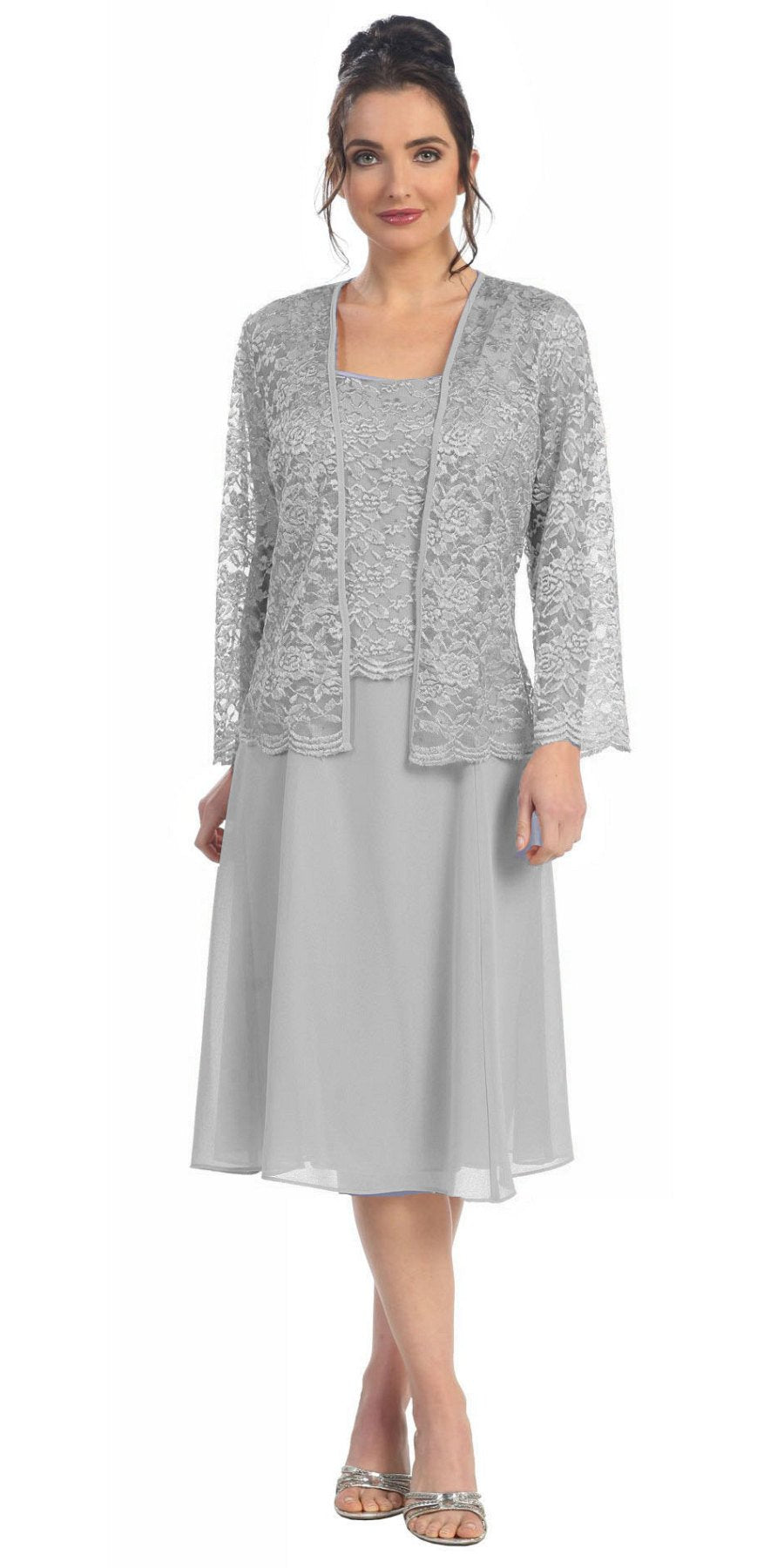 Short Silver Mother of Groom Dress Chiffon Knee Length Lace Jacket