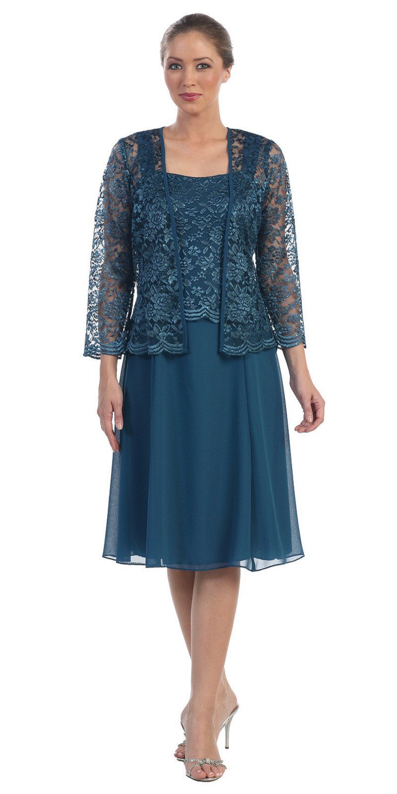 Short Teal Mother of Groom Dress Chiffon Knee Length Lace Jacket