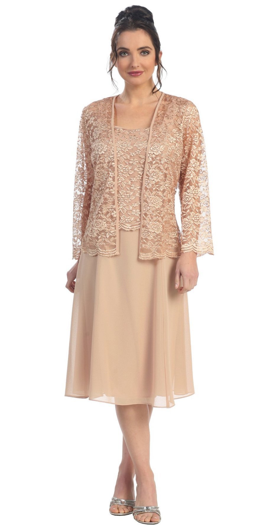 Short Gold Mother of Groom Dress Chiffon Knee Length Lace Jacket