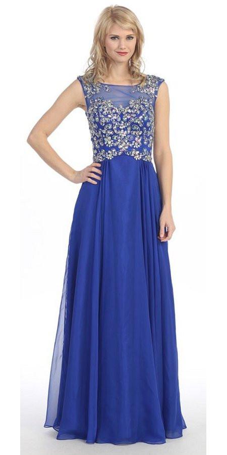 Sleeveless Long Studded A Line Meshed Yoke Royal Blue Prom Dress