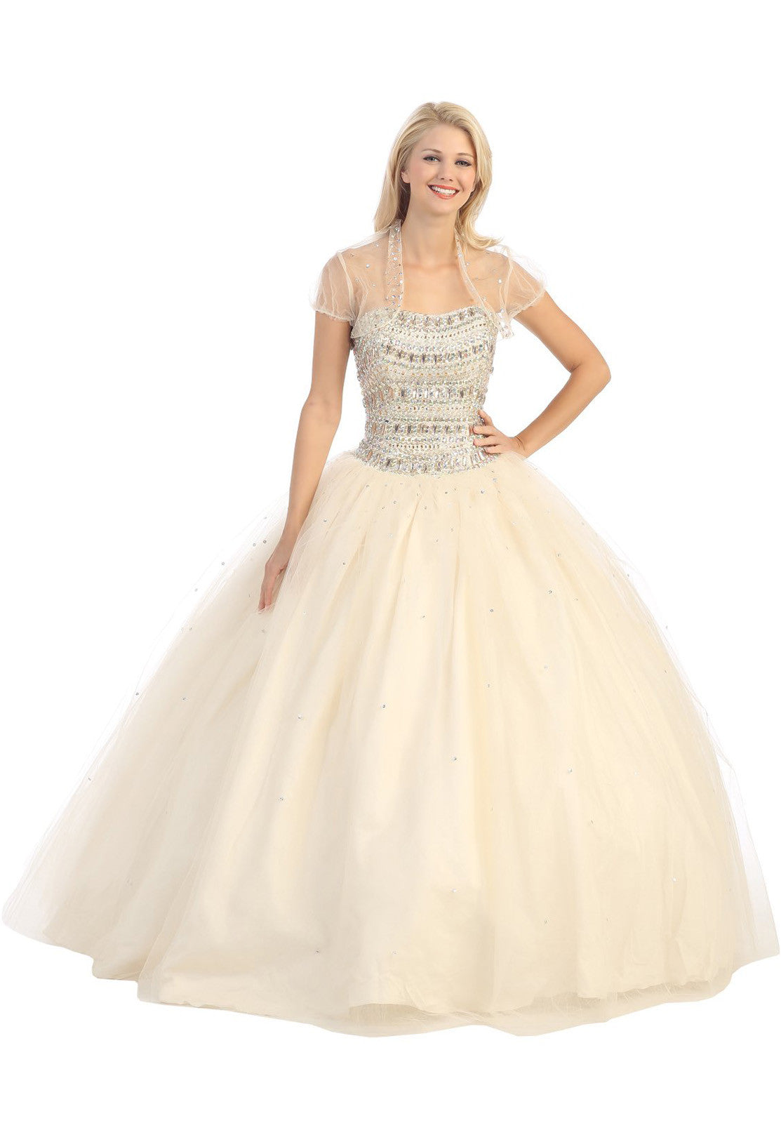Strapless Studded Bodice Champagne Long Quinceanera Gown