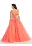 Strapless Studded Bodice Coral Long Quinceanera Gown