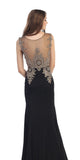 Stretch Satin ITY Formal Gown Black Embroidery Illusion Neck