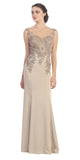 Stretch Satin ITY Formal Gown Gold Beige Embroidery Illusion Neck