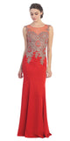 Stretch Satin ITY Formal Gown Red Embroidery Illusion Neck