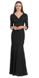V Neckline Lace Mermaid Dress Black Long V Neck 3/4 Sleeves