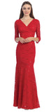 V Neckline Lace Mermaid Dress Red Long V Neck 3/4 Sleeves