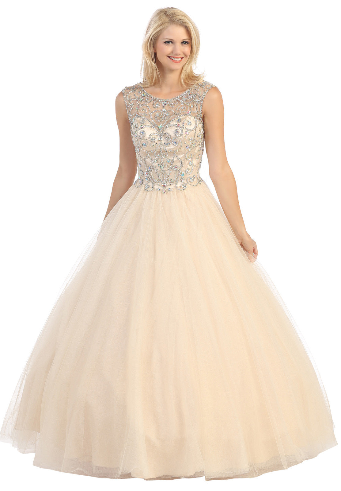 Meshed Yoke Bateau Neckline Champagne/Gold Ball Gown