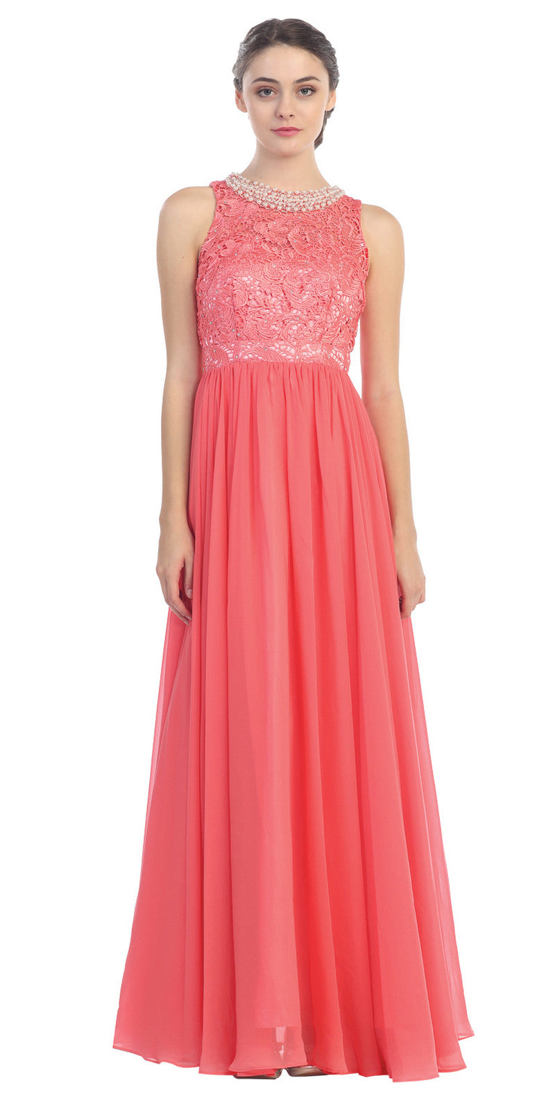 Empire Waist Chiffon Evening Gown Coral A Line Full Length