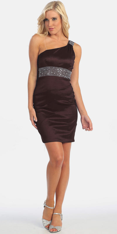 One Shoulder Black Cocktail Dress Above Knee Stretch Taffeta