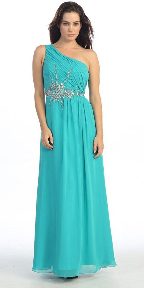 One Shoulder Ruched Chiffon Jade Long Prom Dress