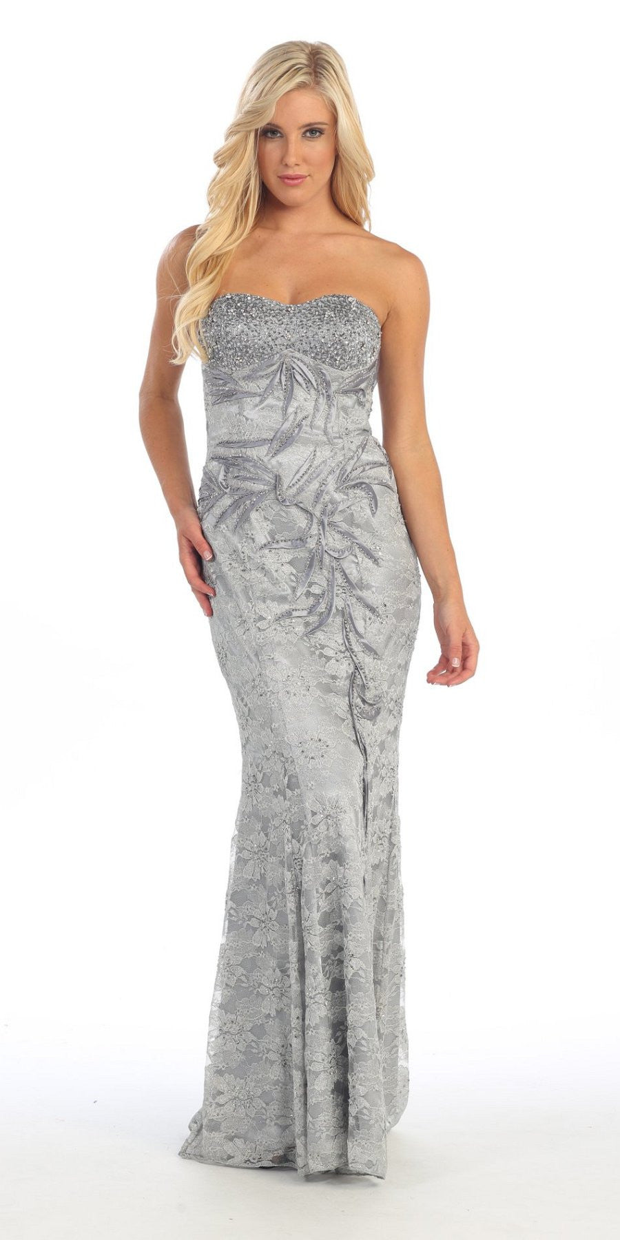 Red Carpet Silver Celebrity Lace Formal Gown Long Strapless Beads