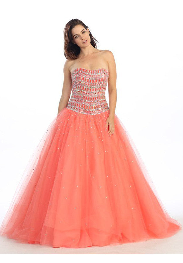 Strapless Studded Bodice Coral Long Quinceanera Gown