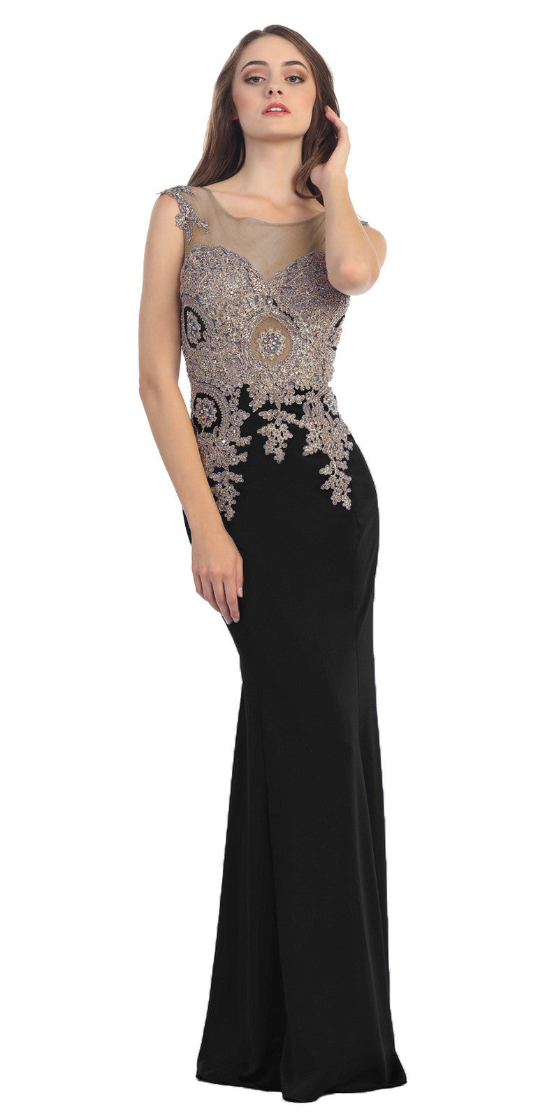 Stretch Satin ITY Formal Gown Black Embroidery Illusion Neck