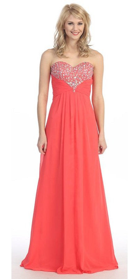 Studded Bodice Sweetheart Neckline Long Coral A Line Gown