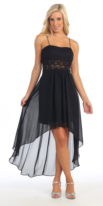 Black High Low Bridesmaid Dress Spaghetti Strap Flower Waist Empire