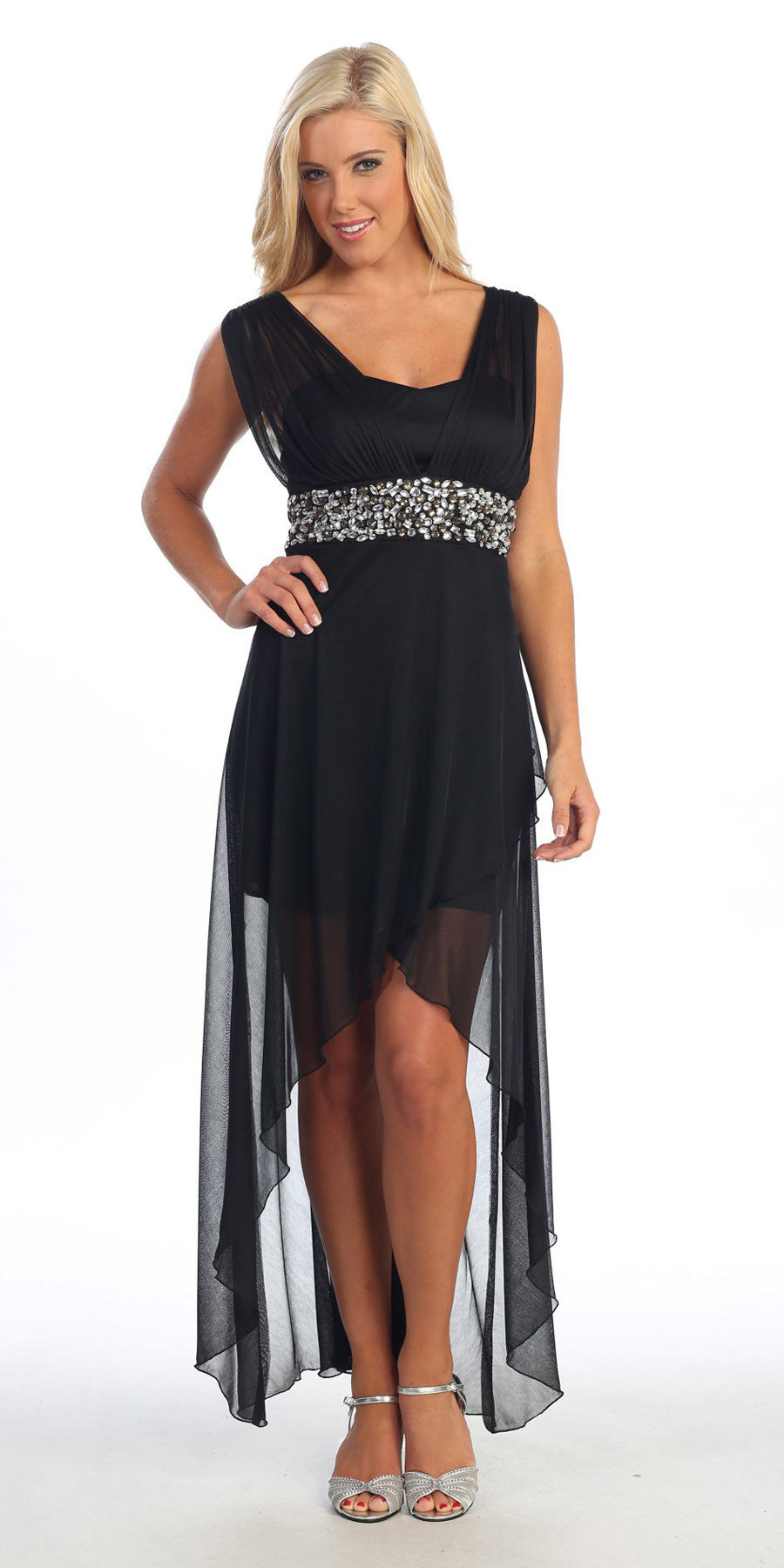 Black Semi Formal Chiffon Dress High Low Wide Strap Rhinestone Waist