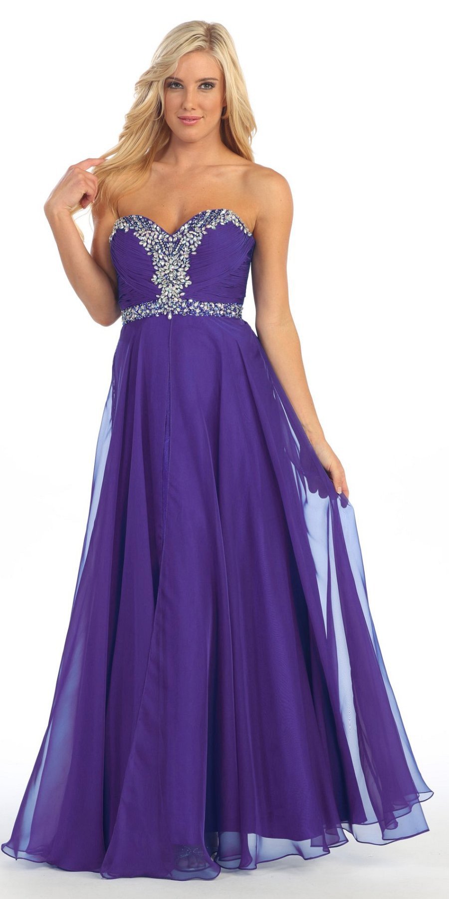 Purple A Line Prom Gown Sweetheart Neck Rhinestone Empire Waist