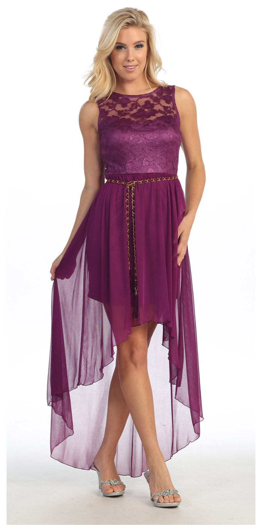 Bridesmaid High Low Wine Dress Lace Top Wide Strap Illusion Neck