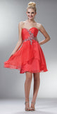 Coral Flared Strapless Embellished Short Club Dress